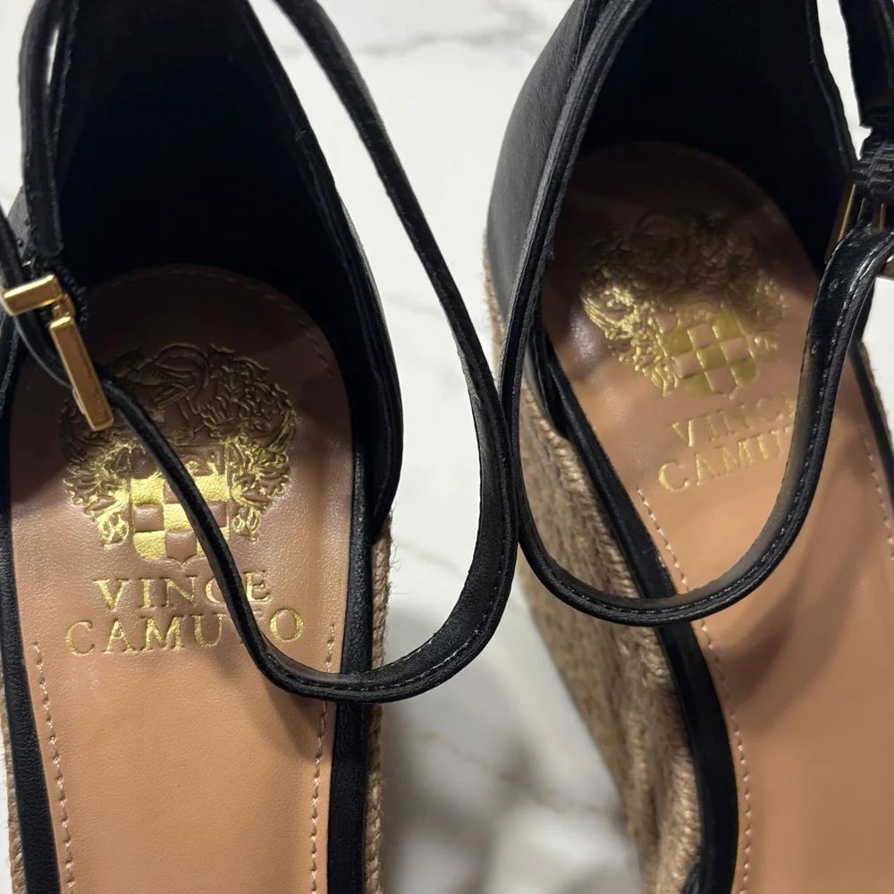 Vince Black Leather Wedge Espadrilles